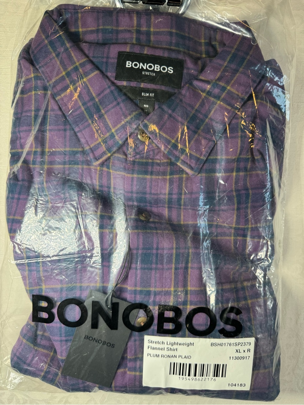 Bonobos Stretch Lightweight Flannel Shirt XL Regular Plum Ronan Plaid NWT